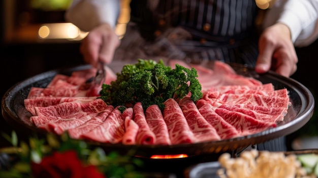 Un chef presentando un plato de carne de wagyu cortada en rebanadas delgadas para shabushabu tentando a los espectadores con la promesa de la bondad de la boca derretida