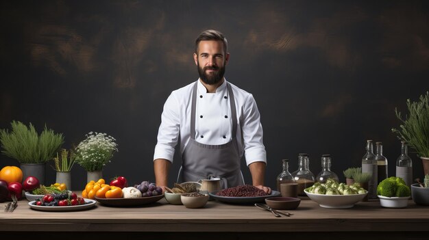 Foto un chef profesional en la amplia cocina lava y prepara verduras lugar de pancarta para el texto