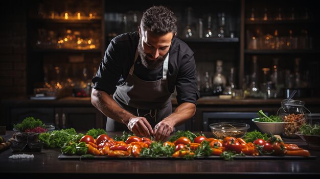 Foto un chef profesional en la amplia cocina lava y prepara verduras lugar de pancarta para el texto