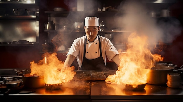 Chef profesional asiático con fuego y humo a su alrededor en la cocina