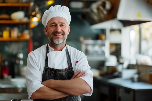 Chef profesional confiado en la cocina del restaurante con IA generada