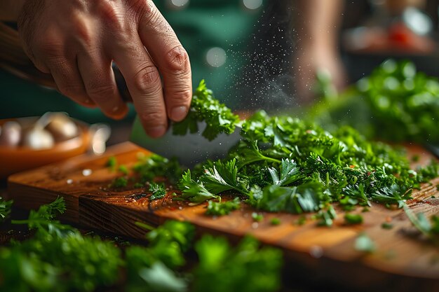 Chef profesional cortando finamente perejil verde fresco en una tabla de cortar de madera