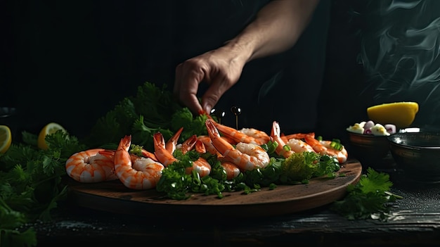 Chef profesional prepara camarones con verduras Cocinar mariscos comida vegetariana saludable