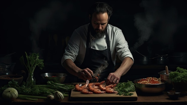 Chef profesional prepara camarones con verduras Cocinar mariscos comida vegetariana saludable