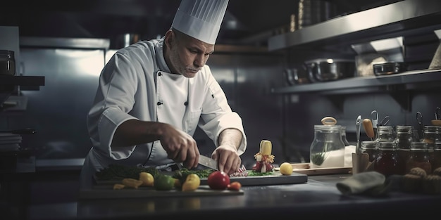 Chef profesional preparando una comida en una cocina centrada en la profundidad de campo superficial de la persona