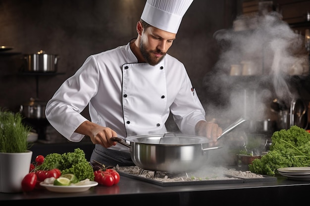 Chef profesional preparando comida en la cocina