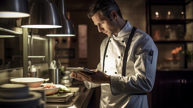 chef profesional en uniforme preparando un plato en una cocina moderna