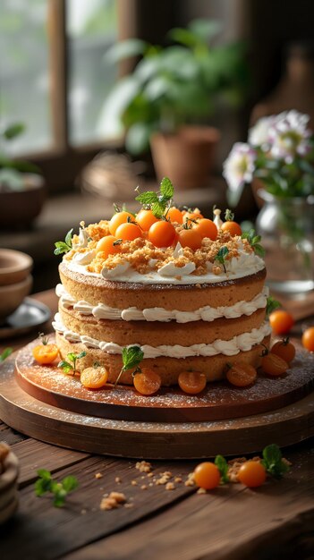 Foto chef profissional apresentando um bolo de cenoura gourmet em um restaurante aconchegante