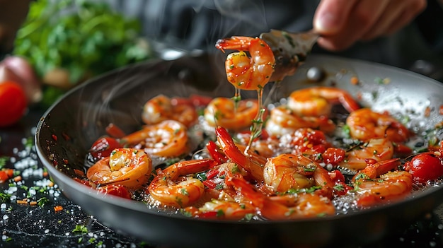Chef profissional cozinha camarão em uma panela com legumes Cozinhar frutos do mar comida vegetariana saudável