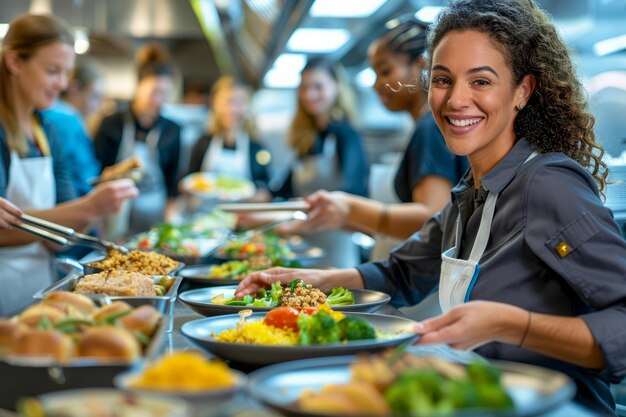 Chef profissional feminina servindo refeições saudáveis em uma cozinha comercial movimentada com uma equipe sorridente em