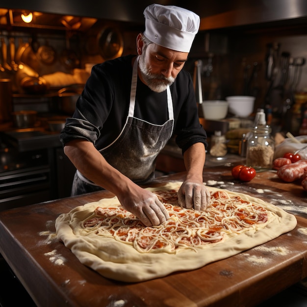 Chef profissional numa pizzeria pizzaiolo Conceito de comida gordurosa e comida rápida profissão de cozinheiro c