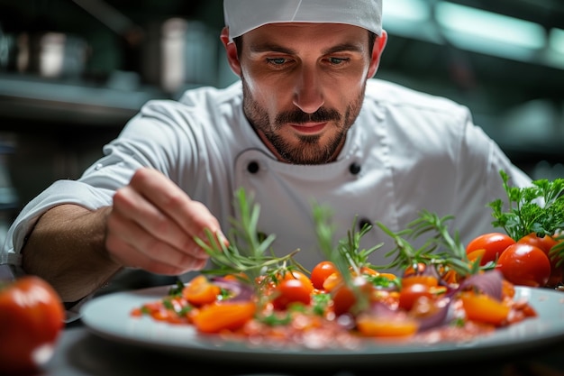 Foto chef profissional preparando prato gourmet em prato