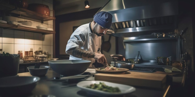 Chef profissional preparando uma refeição em uma cozinha AI Genereted