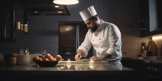 Chef profissional preparando uma refeição em uma cozinha com foco na profundidade de campo rasa da pessoa