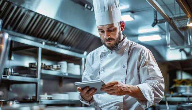 Chef profissional revisando receita em tablet em cozinha comercial