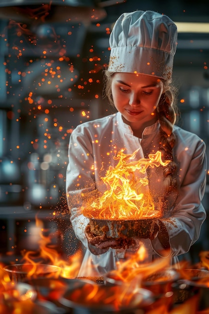 Foto chef profissional segurando panela flamejante com fogo dramático na cozinha do restaurante