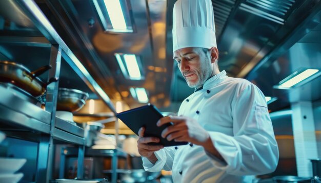 Chef profissional usando tablet em cozinha comercial