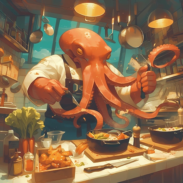 El chef pulpo cocinando una cocina deliciosa