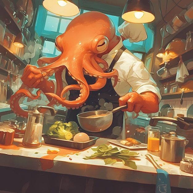 El chef pulpo cocinando en la cocina