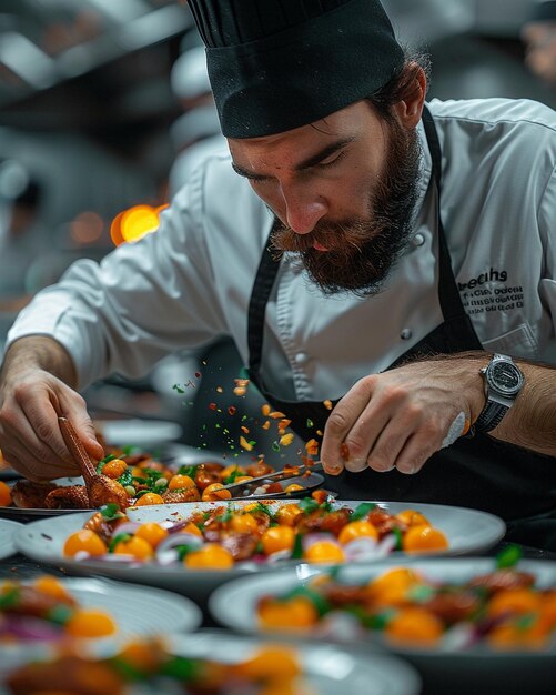 Foto un chef que crea obras maestras culinarias de papel tapiz