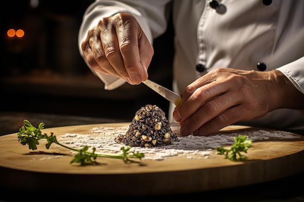 Un chef rallando trufa fresca sobre un plato de risotto