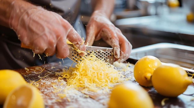 Foto un chef está rastrillando la cáscara de limón en un cuenco la cáscara está cayendo en una pila en la mesa el chef está usando guantes para proteger sus manos