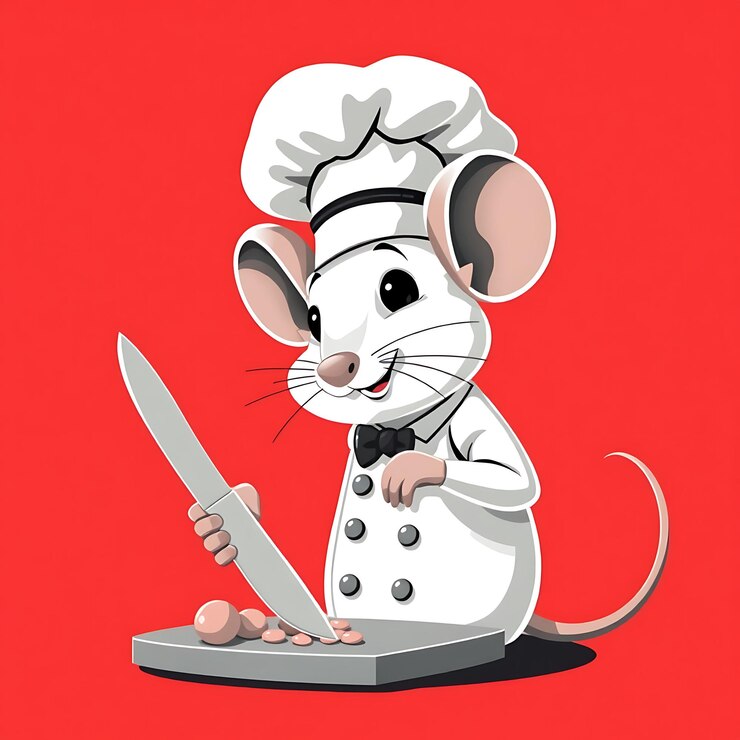 Foto el chef ratón cocinando con un cuchillo en la postura de cortar con un sombrero de chef 2d vivo color blanco y gris