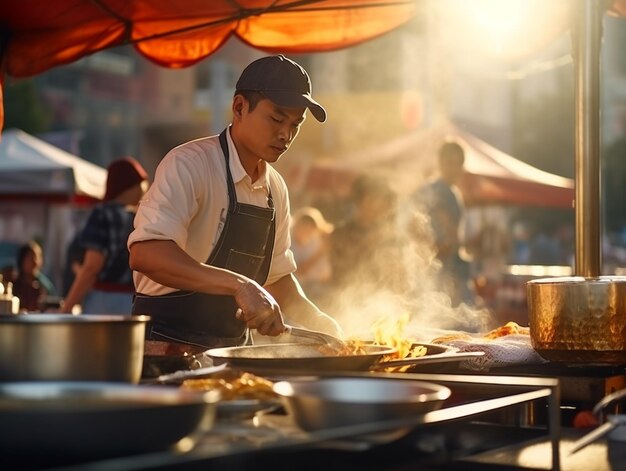 Chef de un restaurante de comida callejera asiática cocinero con fuego abierto