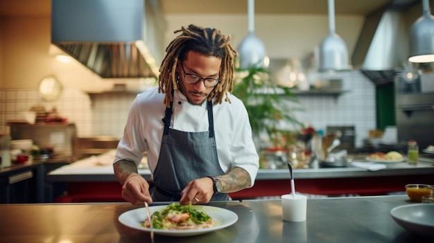 Un chef de restaurante con dreadlocks y tatuajes está en la cocina la nueva generación de culinaria