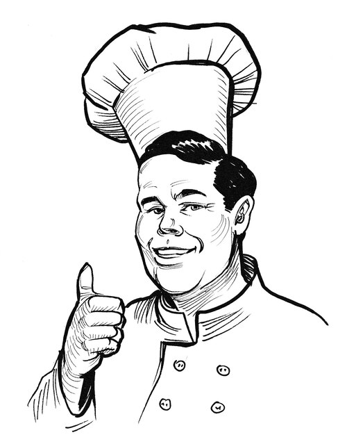 Chef de restaurante mostrando gran pulgar. Dibujo a tinta en blanco y negro