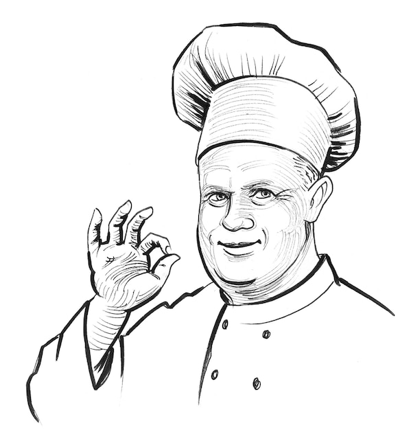 Chef de restaurante con sombrero. Dibujo a tinta en blanco y negro