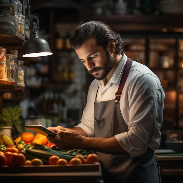 El chef del restaurante usa una tableta para pedir artículos para la cocina Generative Ai