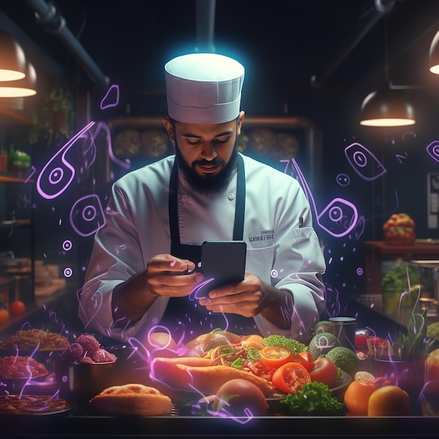 El chef del restaurante usa una tableta para pedir artículos para la cocina Generative Ai