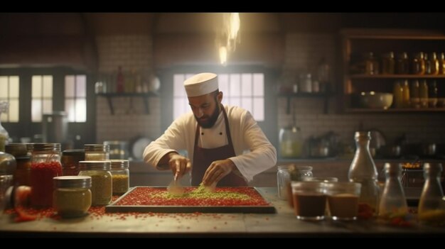 Chef rociando especias en el plato en la cocina comercial IA generativa