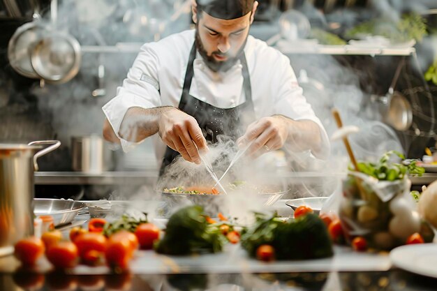 El chef rociando verduras en Wok