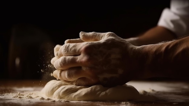 Chef rústico haciendo masa de pizza sobre fondo oscuro Preparación de alimentos Ai generativo