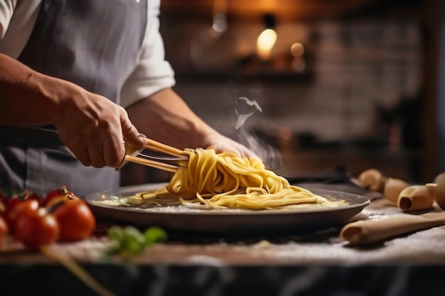 el chef salpicando queso sobre la masa de pizza fresca en la mesa de la cocina