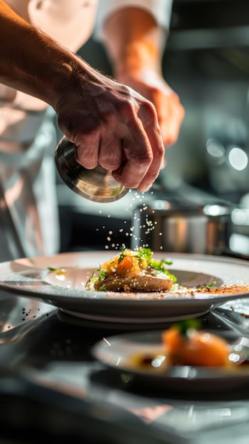 El chef salpicando la salsa en el plato de comida