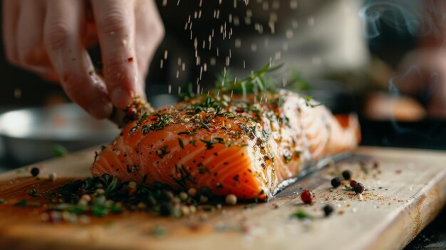 Un chef sazonando un filete de salmón con hierbas y especias antes de freírlo para crear una corteza sabrosa