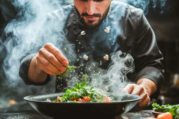 Foto chef schmückt teller mit präzision in der küche