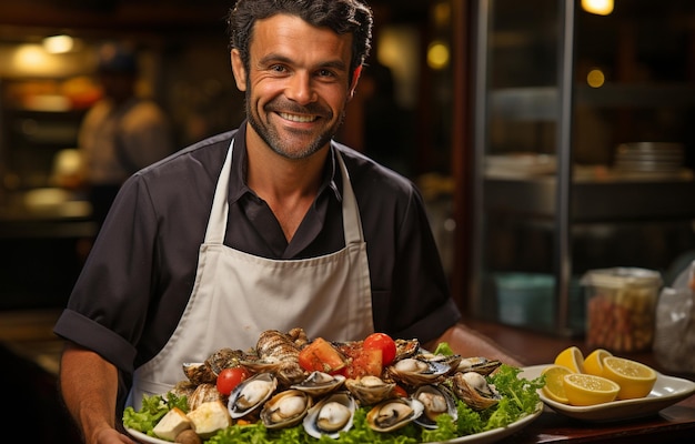 El chef sirve un magnífico plato de mariscos frescos.