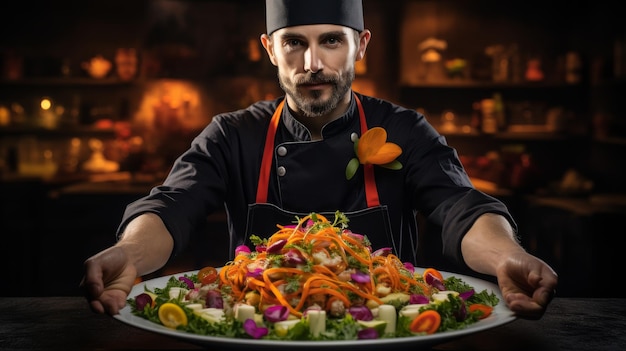 Un chef con un sombrero altísimo presenta un delicioso plato en un plato