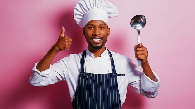 un chef con un sombrero blanco y un delantal azul sosteniendo una cuchara