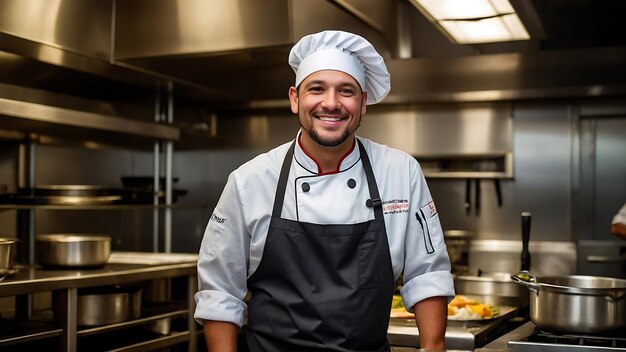 Foto un chef sonriendo en una cocina con una sonrisa en su cara