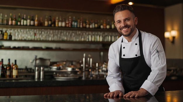 El chef sonriendo de pie cerca de la barra