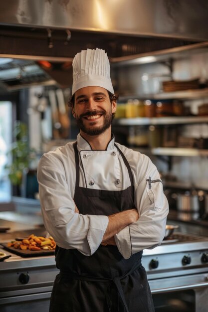 Chef sonriente en una cocina profesional