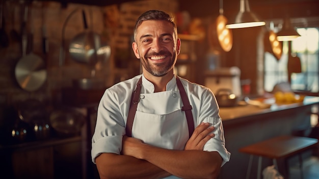 Un chef sonriente en la cocina