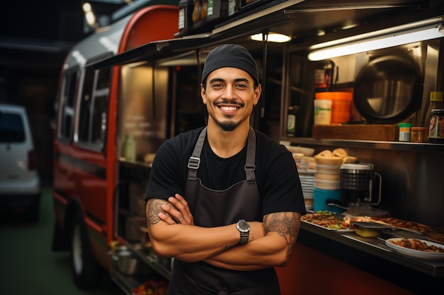 Chef sonriente de pie frente a un camión de comida