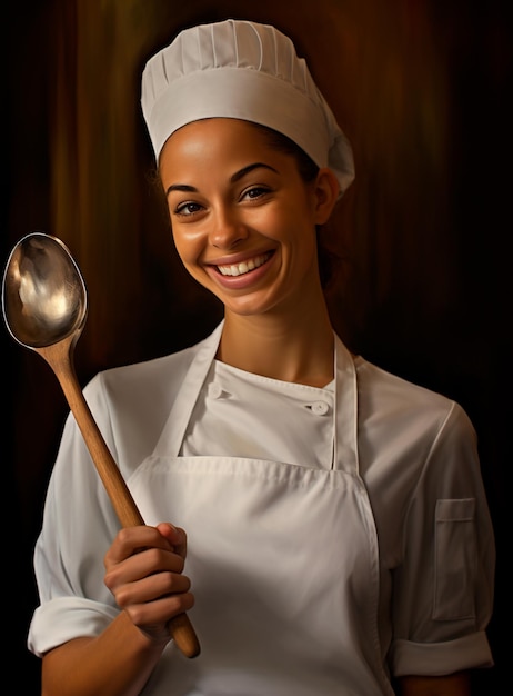 un chef sonriente sosteniendo una cuchara de madera