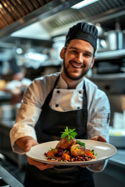 Un chef sonriente en uniforme sostiene un plato exquisito sonriendo a la cámara